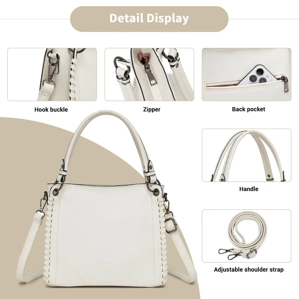 Miss Lulu Borsa Donna Tracolla Elegante Media, Borse Mano Spalla Morbida PU Pelle Impermeabile, Borsetta Grande Con 3 Tasche, Tote Bag per Lavoro Scuola Università e Viaggio