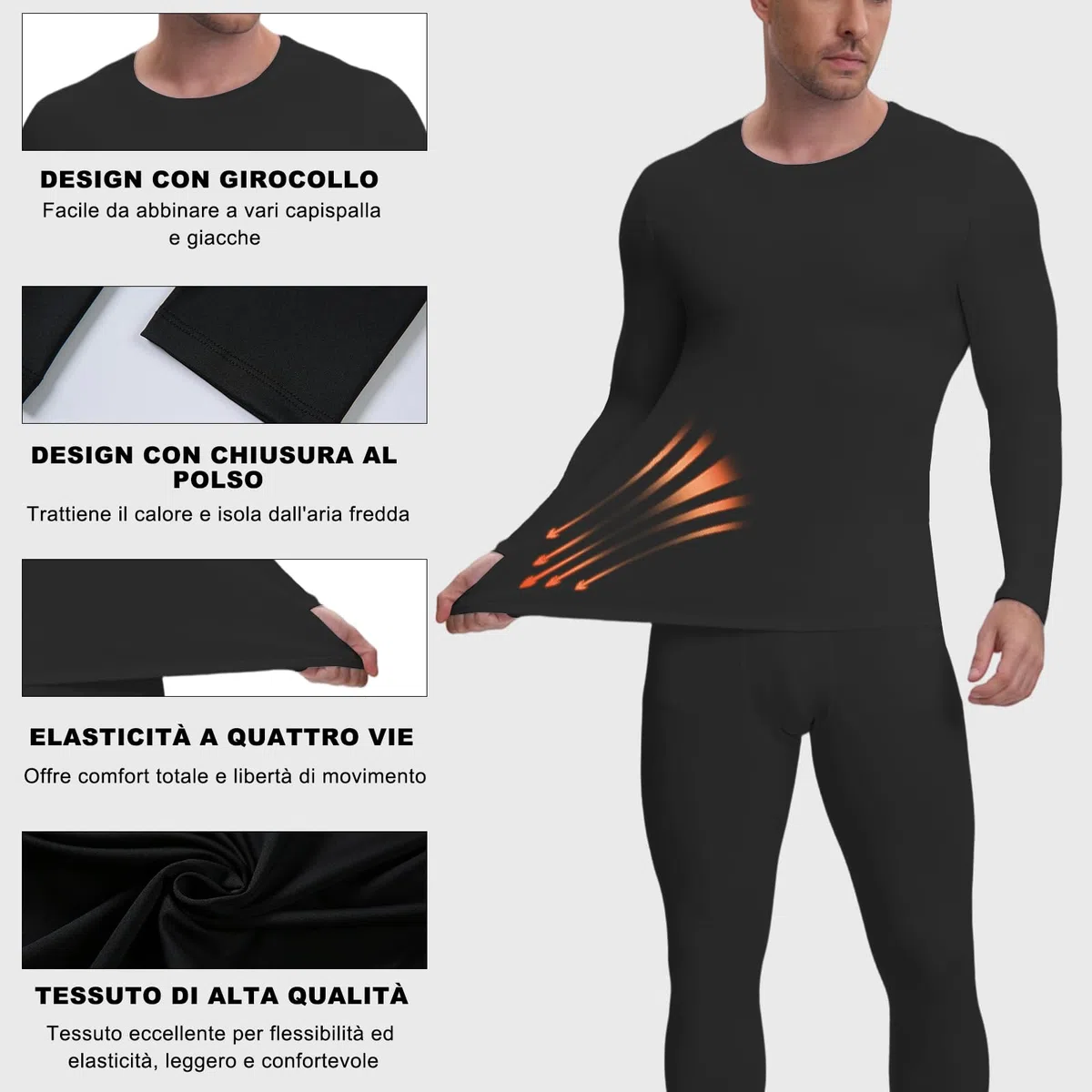NuCamper Intimo Termico Uomo Set, Biancheria Intima Termica Uomo Funzionale Invernale Manica Lunga Maglia Termica e Pantaloni Base Layer Asciugatura Rapida per Sci Sport Ciclismo Calcio Corsa Running