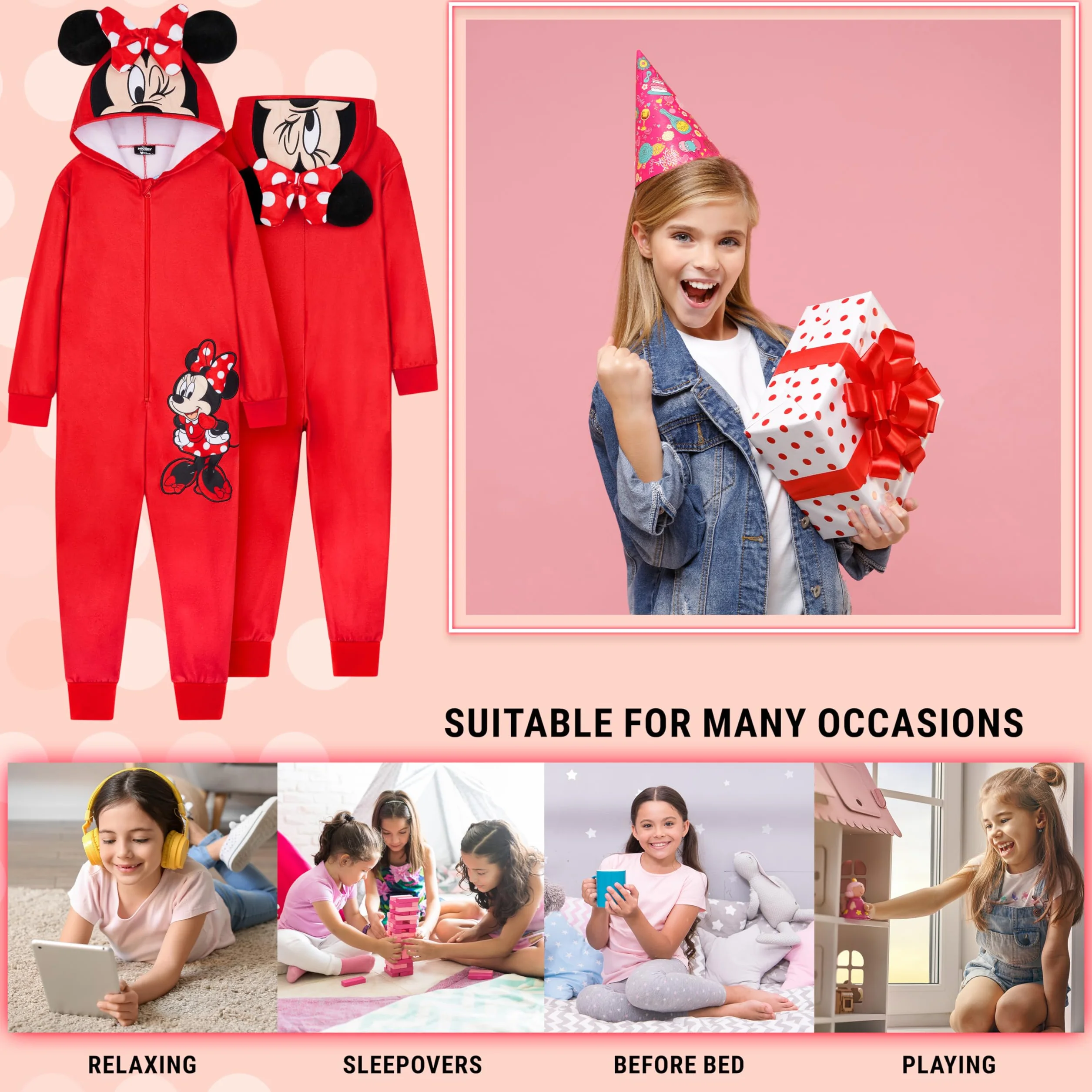 Disney Pigiama Stitch Bambina Intero - Pigiamone Stitch in Pile con Zip 2-14 Anni - Pigiami Interi con Cappuccio per Ragazza (Rosso Minnie, 4-5 Anni)