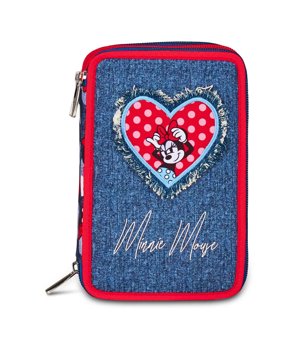 Seven Minnie Astuccio Scuola 3 Zip, Blu Denim, Portapenne Triplo Scomparto Completo Di Penne, Matite, Colori, Scuole Elementari, Bambina