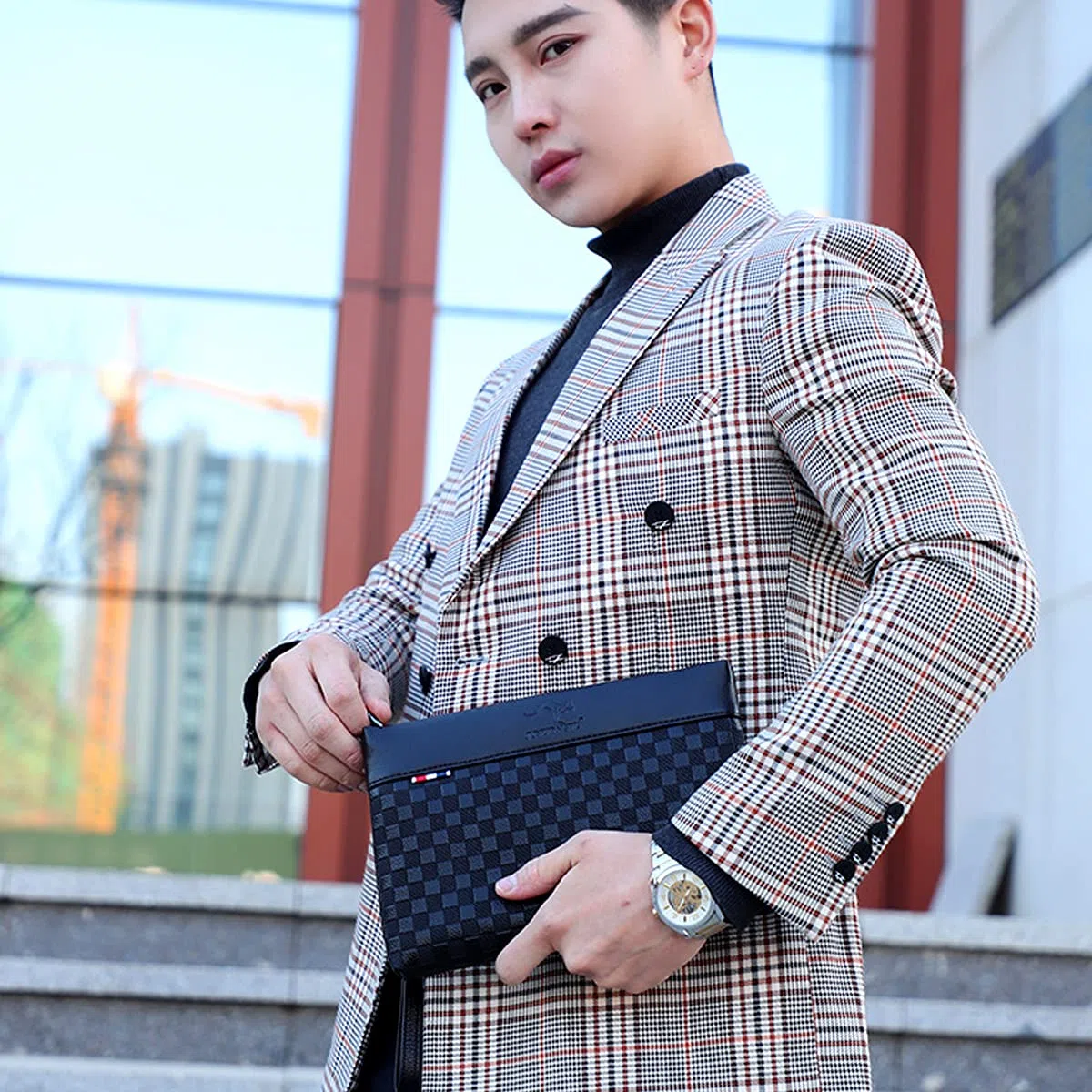 A-QMZL Pochette Uomo Pelle Pochette Business di Grande Capacità Pochette Buste Borsette Fessura Carte Tasche con Cerniera Portafogli Uomo con Cinturino Polso Borsa da Polso Lavoro Viaggio Casual