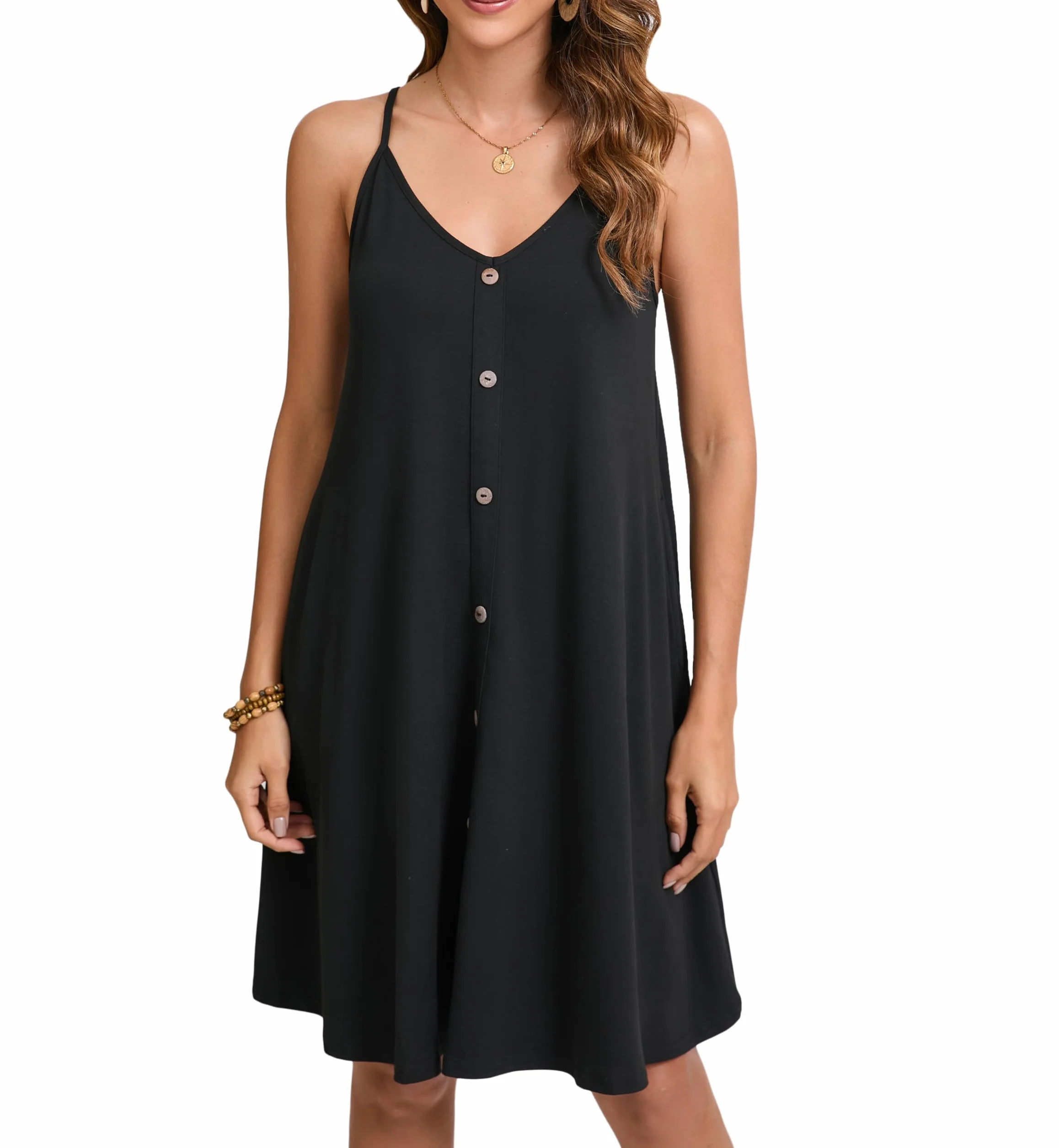 Enmain Abito Estivo da Donna Casual Floreale Cinturino per Spaghetti Senza Maniche Abiti Estivi Vestito Scollo a V con Tasche per Spiaggia Hawaii S-XXL