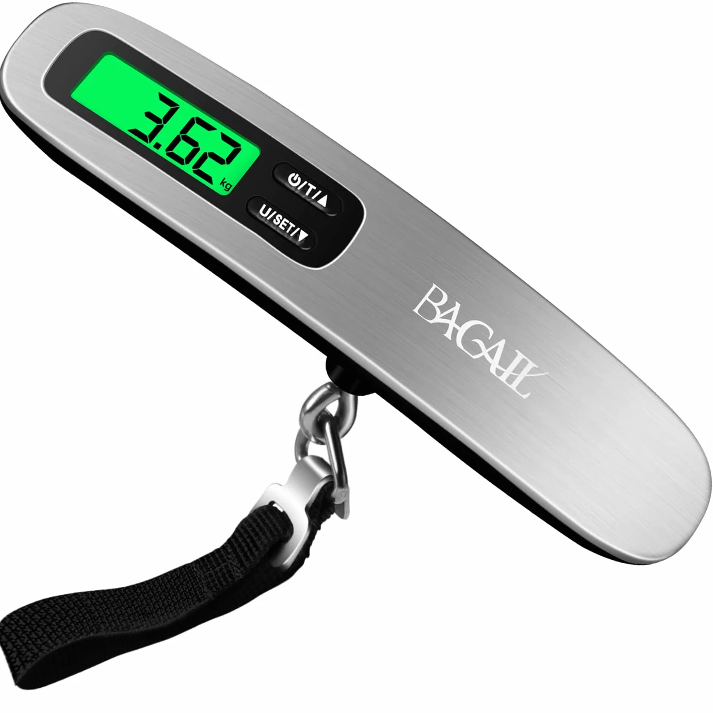 BAGAIL Bilancia per bagagli digitale, Pesavaligie Sospesa con Display LCD Retroilluminato, Bilancia da Viaggio, Bilancia per Valigie Portatile con Gancio, Capacità 110 libbre/50 kg, Batteria Inclusa