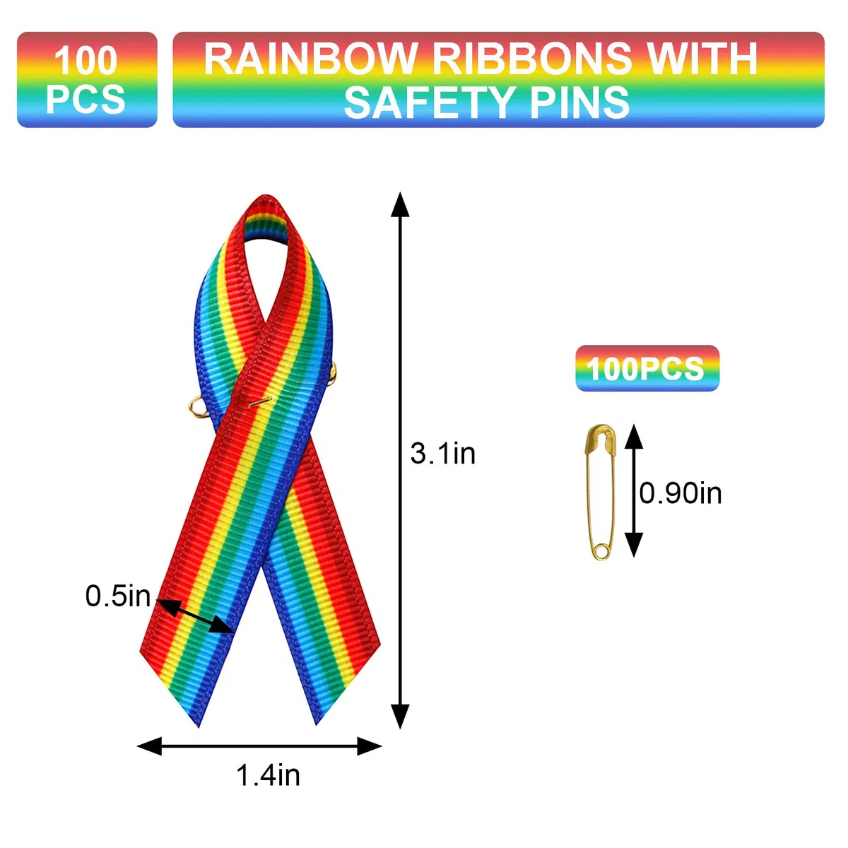 WANDIC 100 Spille a Nastro Arcobaleno con Motivo Arcobaleno in Raso, con spilli di Sicurezza per Donne e Uomini (Stile 2)