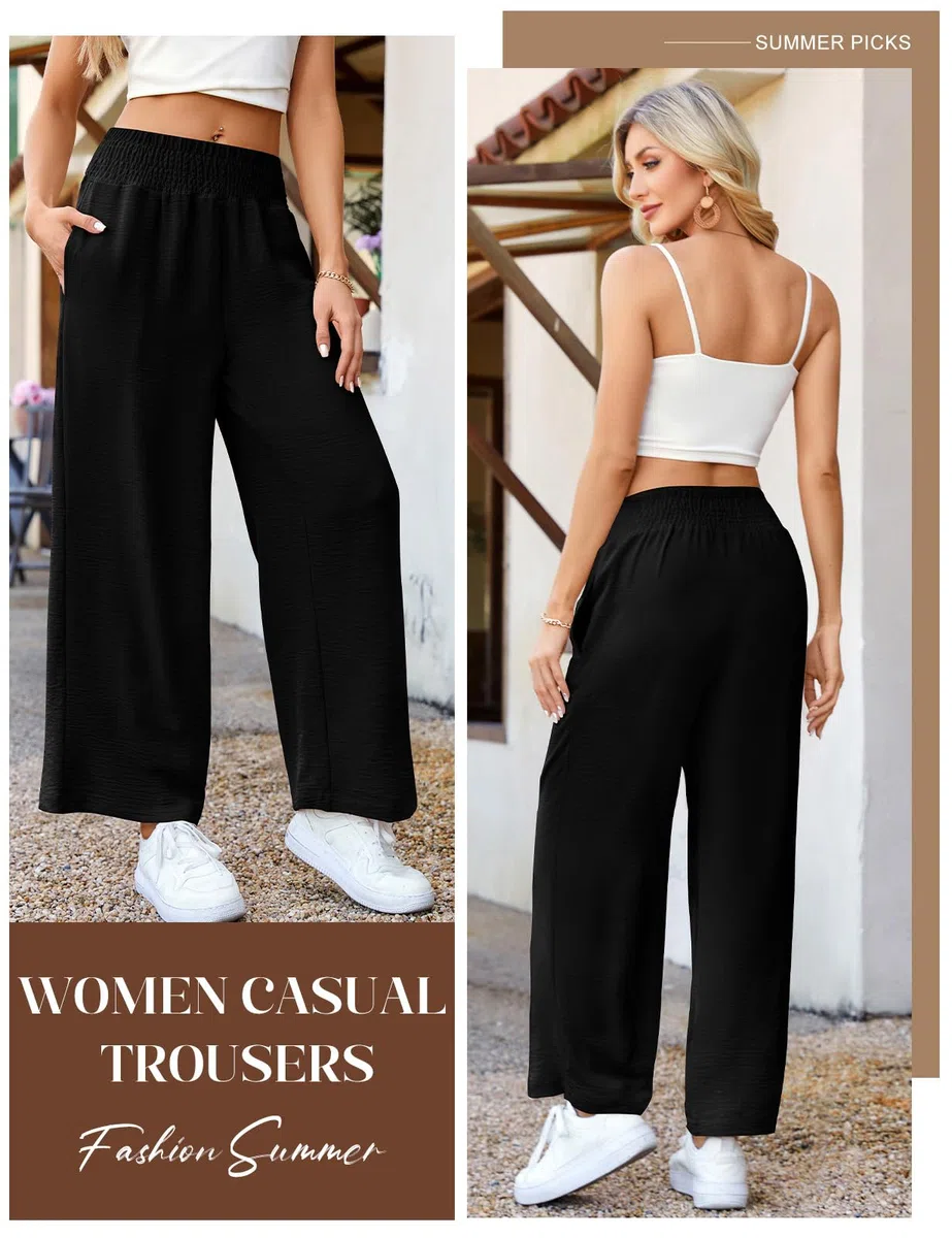 HEEKPEK Pantaloni Donna Estivi Leggeri Pantaloni Comodi Larghi Casual Elastico Vita Alta Solido Sciolto Lunghi Palazzo Pantaloni Gamba Dritta Casual Spiaggia Jogging con Tasche