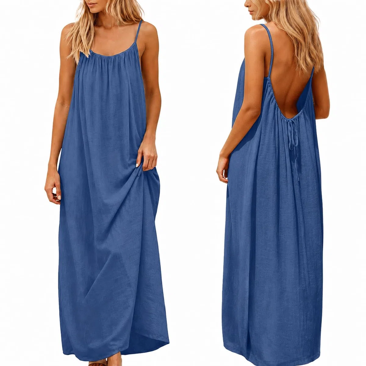 nnOuOnn Abito da donna senza schienale estivo 2026 senza maniche lungo maxi casual prendisole da donna Flowy Open Back Lounge abiti per vacanze spiaggia casa tinta unita