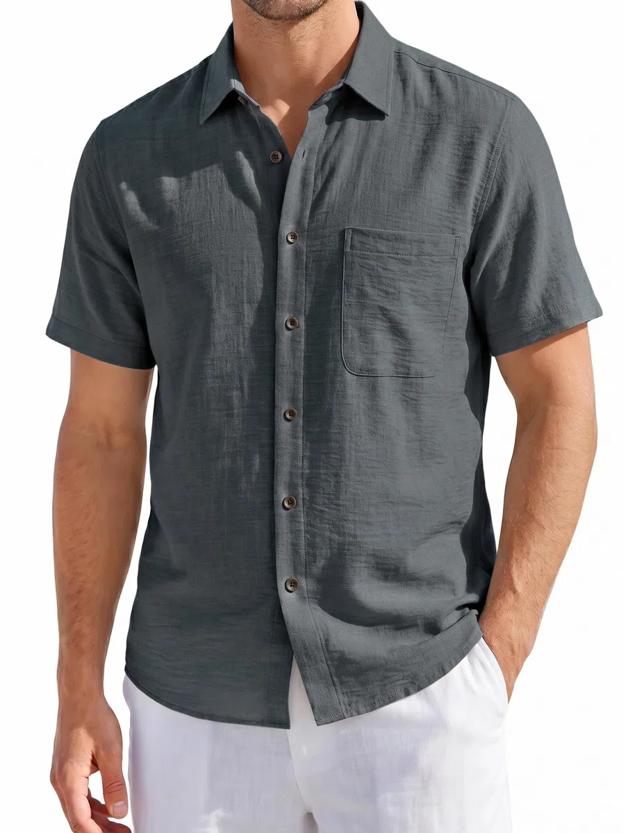 HISDERN Camicia Lino Uomo Maniche Corte Abbottonata Misto Lino Cotone vestibilità Regular Camicia Estiva da Spiaggia Casual con Taschino