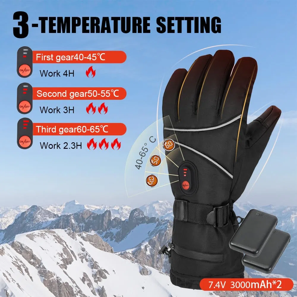 Guanti riscaldati per uomo e donna, 7,4 V, 3200 mAh, ricaricabili, guanti termici invernali, 3 livelli di controllo della temperatura, per moto, sci, corsa, ciclismo, escursionismo, pesca, sci