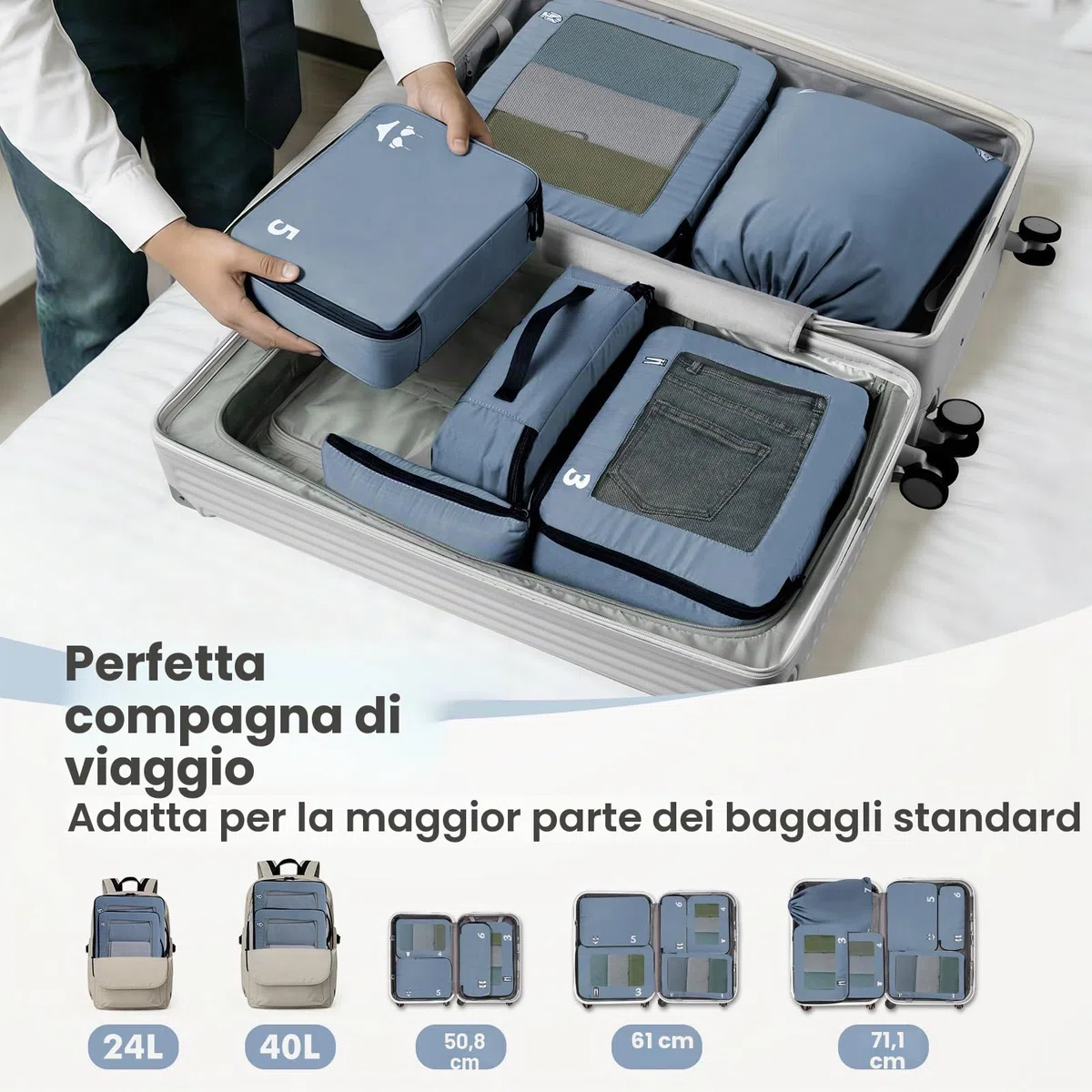 Organizer Valigia 8 Pezzi Packing Cubes, organizer da Viaggio Organizer Valigia Salvaspazio Accessori da Viaggio per Zaino Suitcase Blu