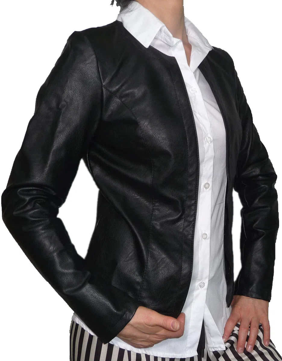 Giacca Finta Pelle Aperta Scollo Tondo Aderente Avvitata Leggera Cardigan Coprispalle Donna Ragazza
