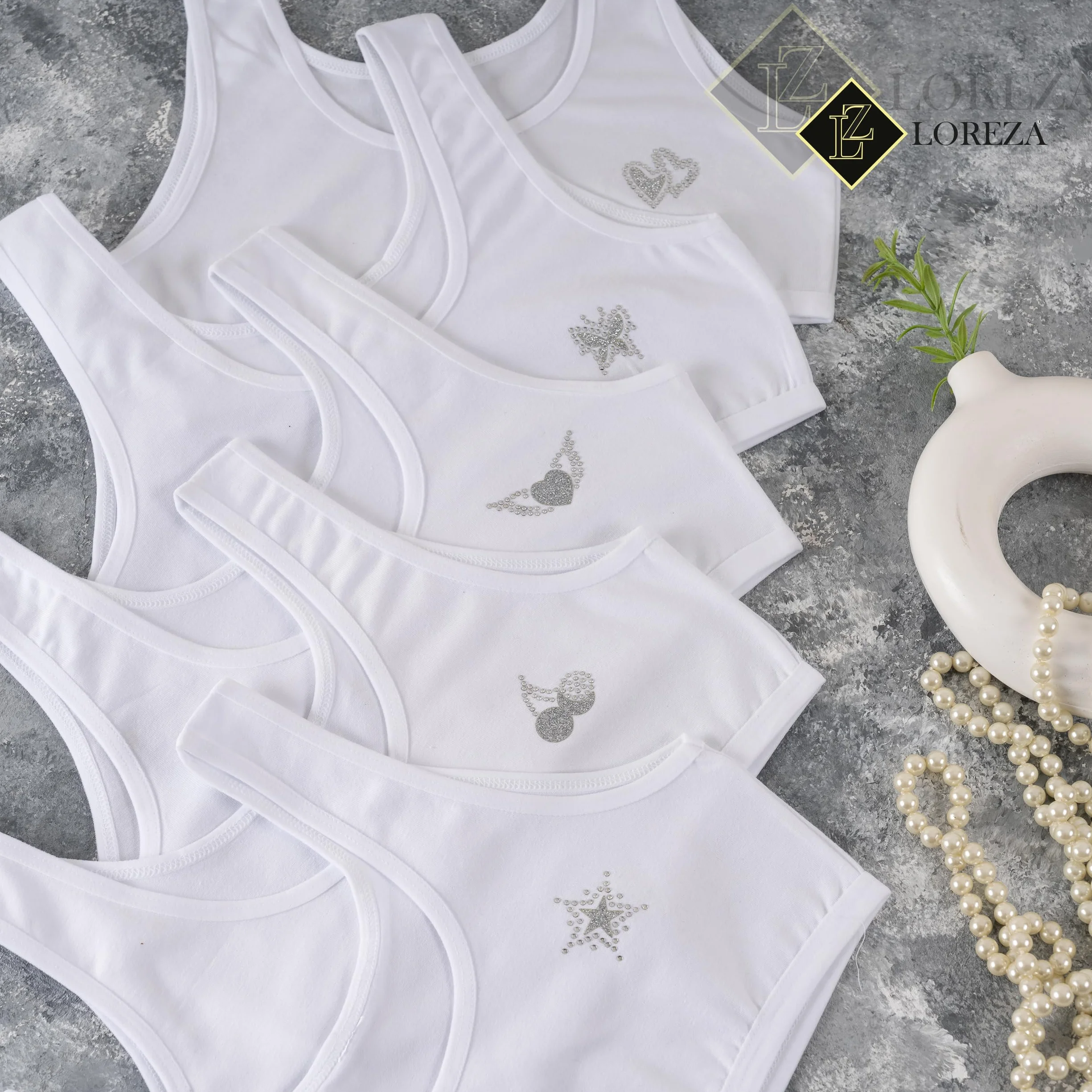 LOREZA ® 5 Reggiseno per Bambina da Allenamento Pietre di Strass Sportivi in Cotone Reggiseni - 10-15 Anni