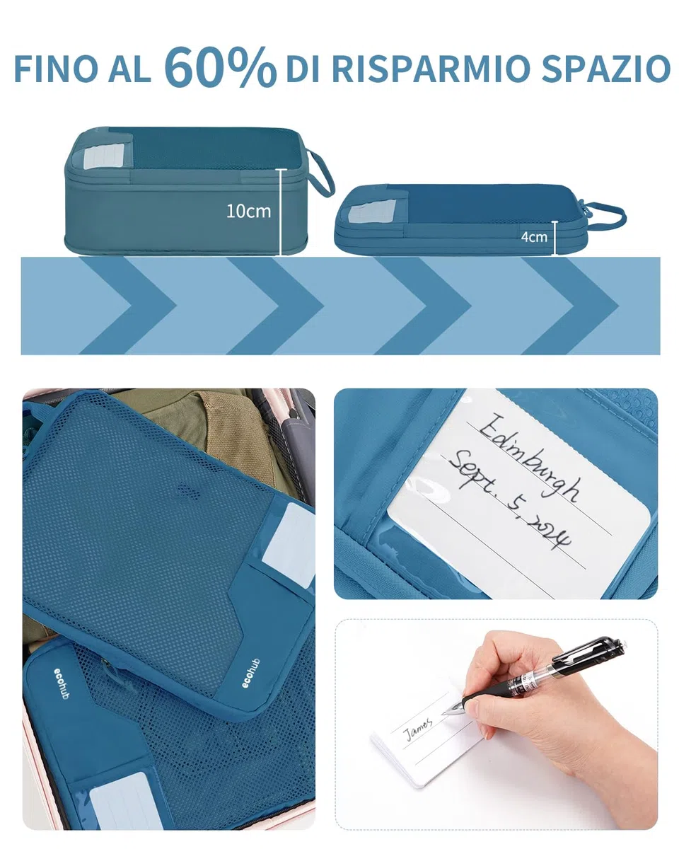 ECOHUB Compressione Organizer da Viaggio, 4 Pezzi Borsa Organizzatori per Valigie con Etichetta, Packing Cube per Borse da Viaggio Riciclate per Zaino, Verde acqua
