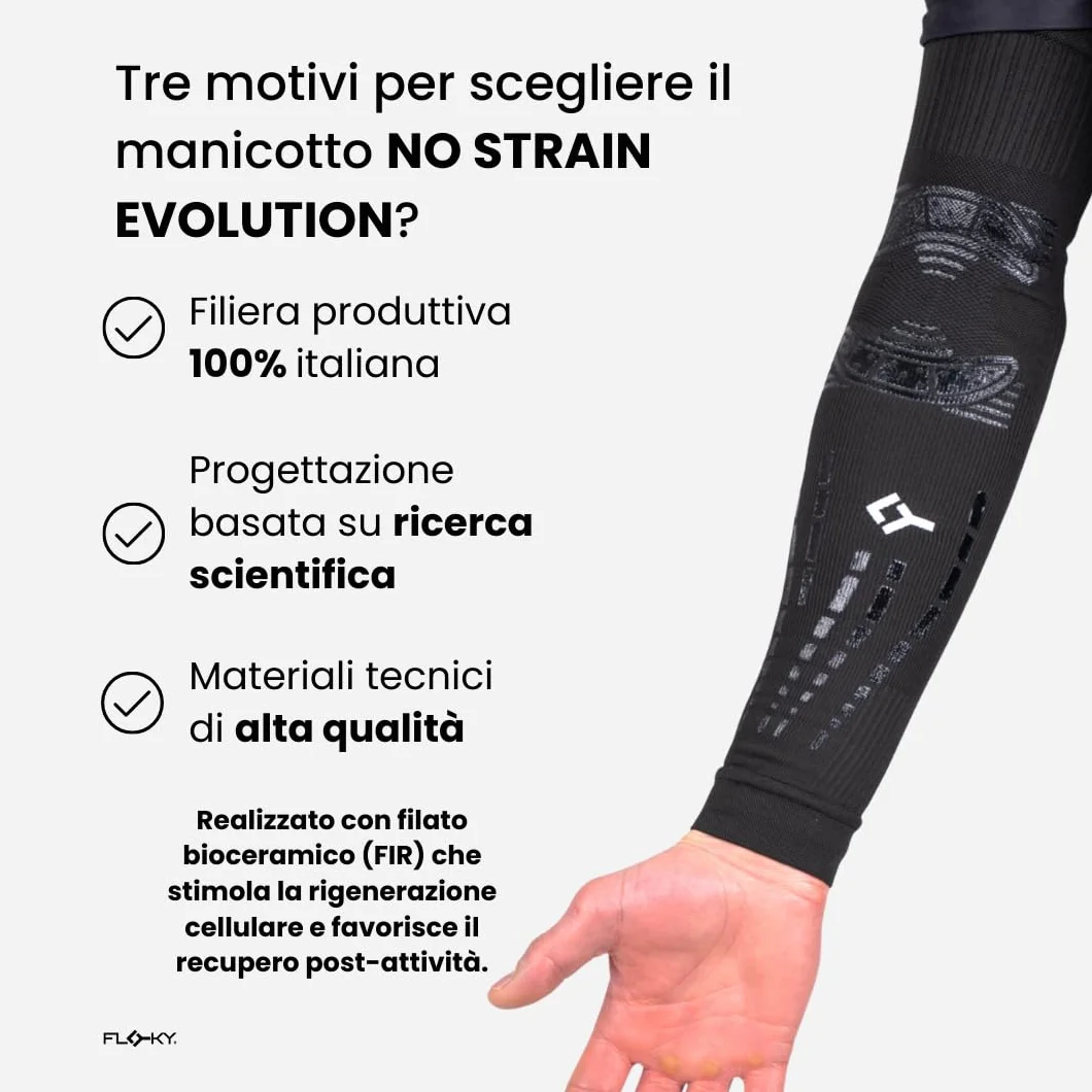 FLOKY 1pz Manicotto No Strain Evolution Multisport. Tennis Padel Basket. Riduce Vibrazioni, sostiene Gomito e avambraccio. Manicotto a Compressione, stabilizza tendini Muscoli