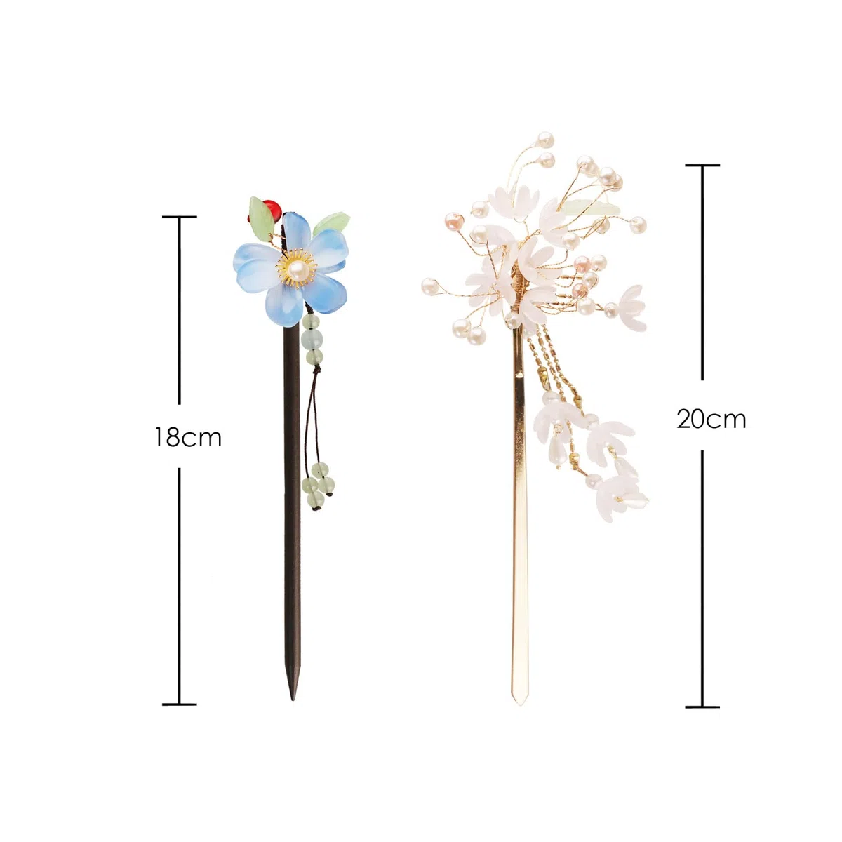 Set di forcine asiatiche con decorazioni floreali, 5 bacchette per capelli in legno e metallo, 18 cm