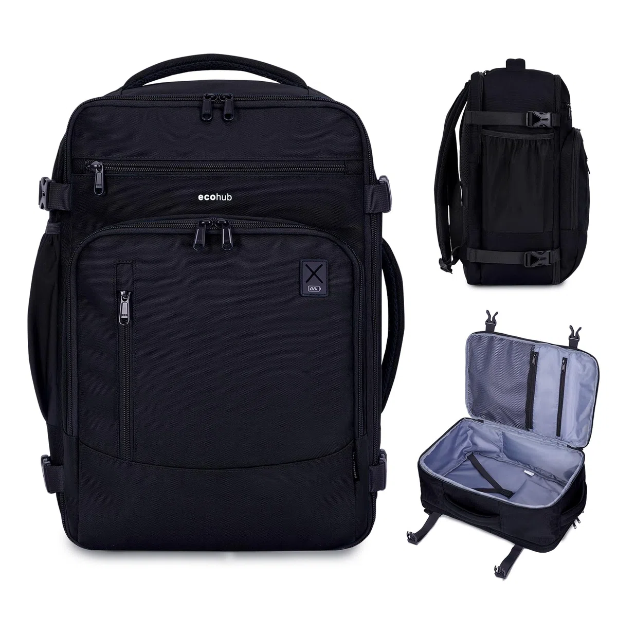 ECOHUB Zaino Ryanair 40x20x25 Bagaglio a Mano 40x20x25 Ryanair Zaino da Viaggio Valigia Bagaglio a Mano Borsa da Viaggio Borsa tote ecologica in PET riciclato da 20 litri,Brevettato, Nero