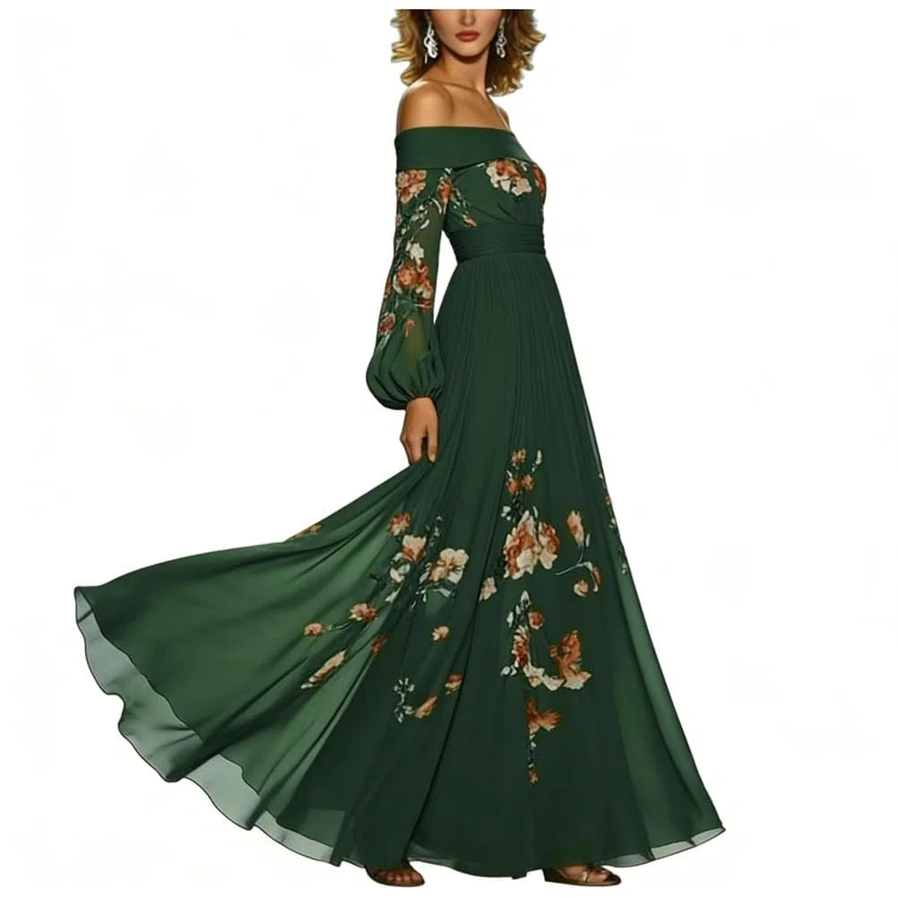 Minetom Donna Vestiti Lunghi da Matrimonio Elegante Collo V Vestito A Pieghe Stampa Floreale Chiffon Abito Maxi Damigella Sera Cerimonia