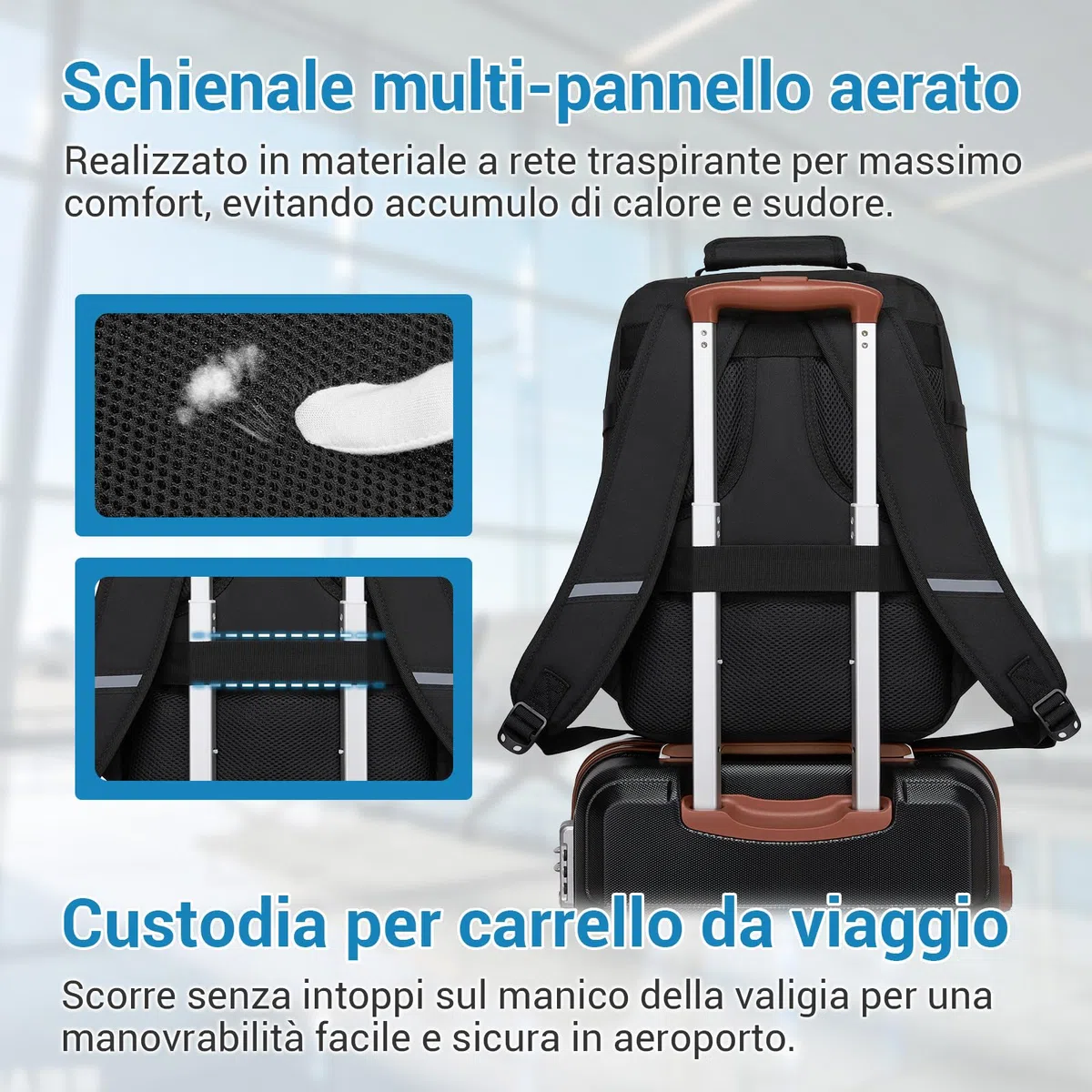 KONO Zaino Ryanair 40x30x20, Zaino da Viaggio e Bagaglio a Mano per Aereo, Zaino Porta PC con Apertura a 180° per Wizz Air e EasyJet (40 x 30 x 20 cm, Nero)