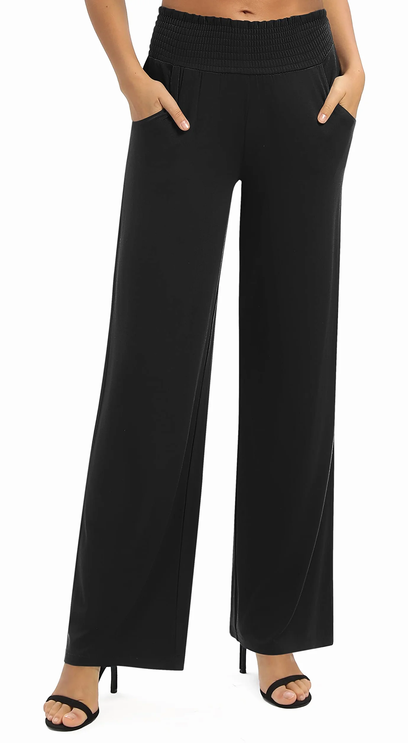 Donna Solido Sciolto Gamba Dritta Palazzo Pantaloni A Vita Alta Elastico Casual Pantaloni con Tasche
