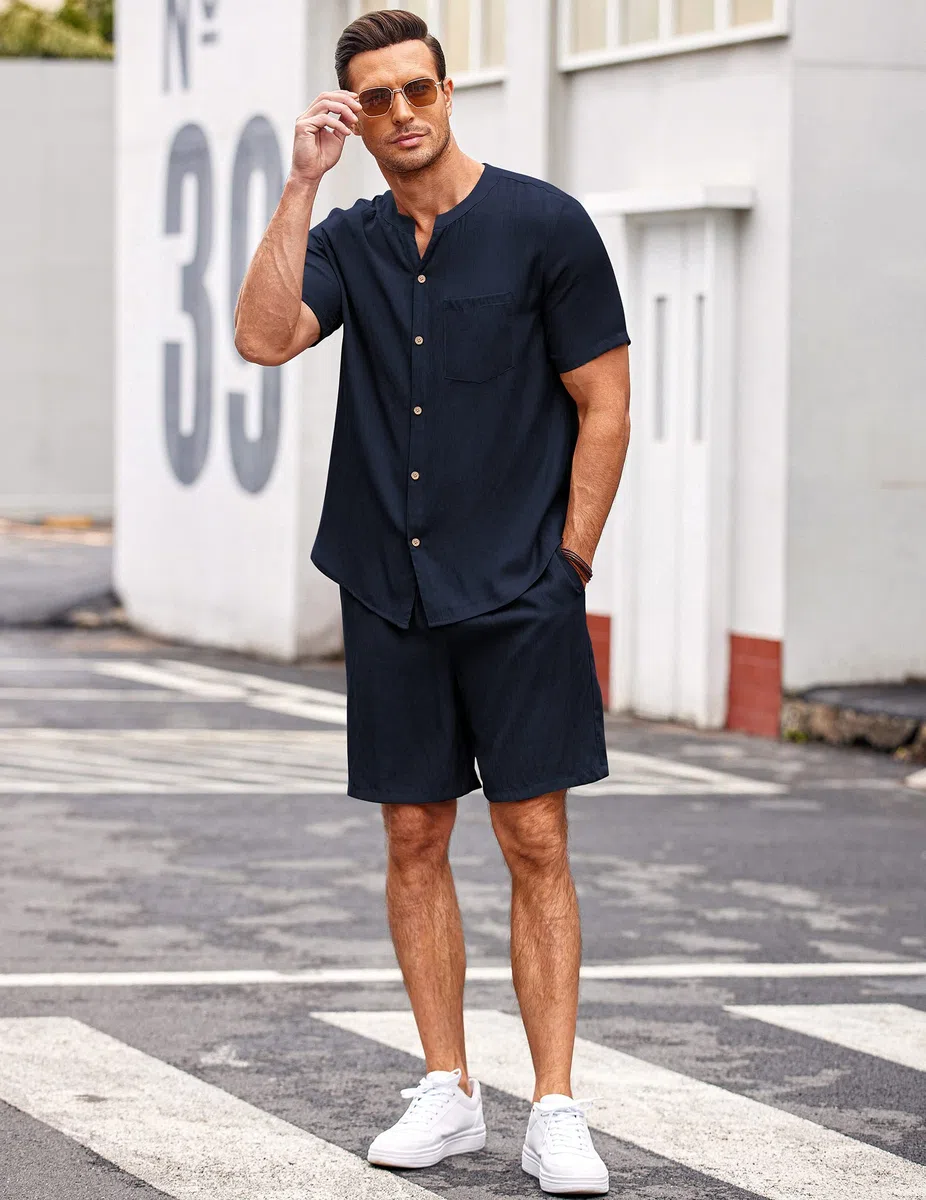 Ekouaer Pigiama da Uomo Estate Pigiami Due Pezzi Manica Corta Pantaloni Pigiama da Notte Camicia, S-XXL