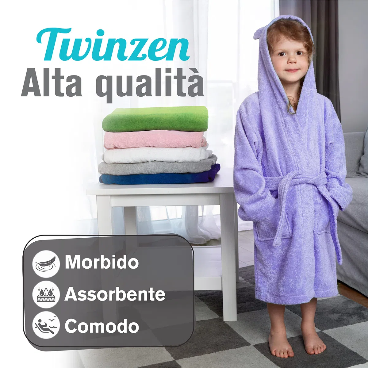 Twinzen - Accappatoio Bambini Cotone : Ragazzo e Ragazza - 100% Cotone OEKO-TEX® Senza Prodotti Chimici - 2 Tasche, Cintura, Cappuccio con Orecchie