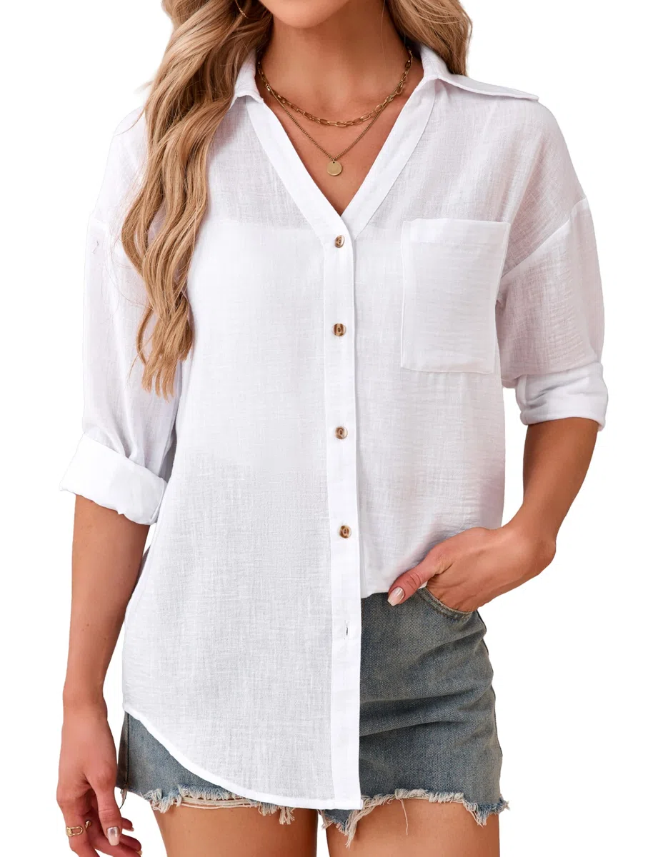 Enmain Camicia Donna in Lino e Cotone Scollo a V Camicie Donna Manica Lunga Bluse Elegante Estiva Primaverile Taglio Regolare per Ufficio Tempo Libero Viaggi Disponibile in Diverse Taglie S-3XL