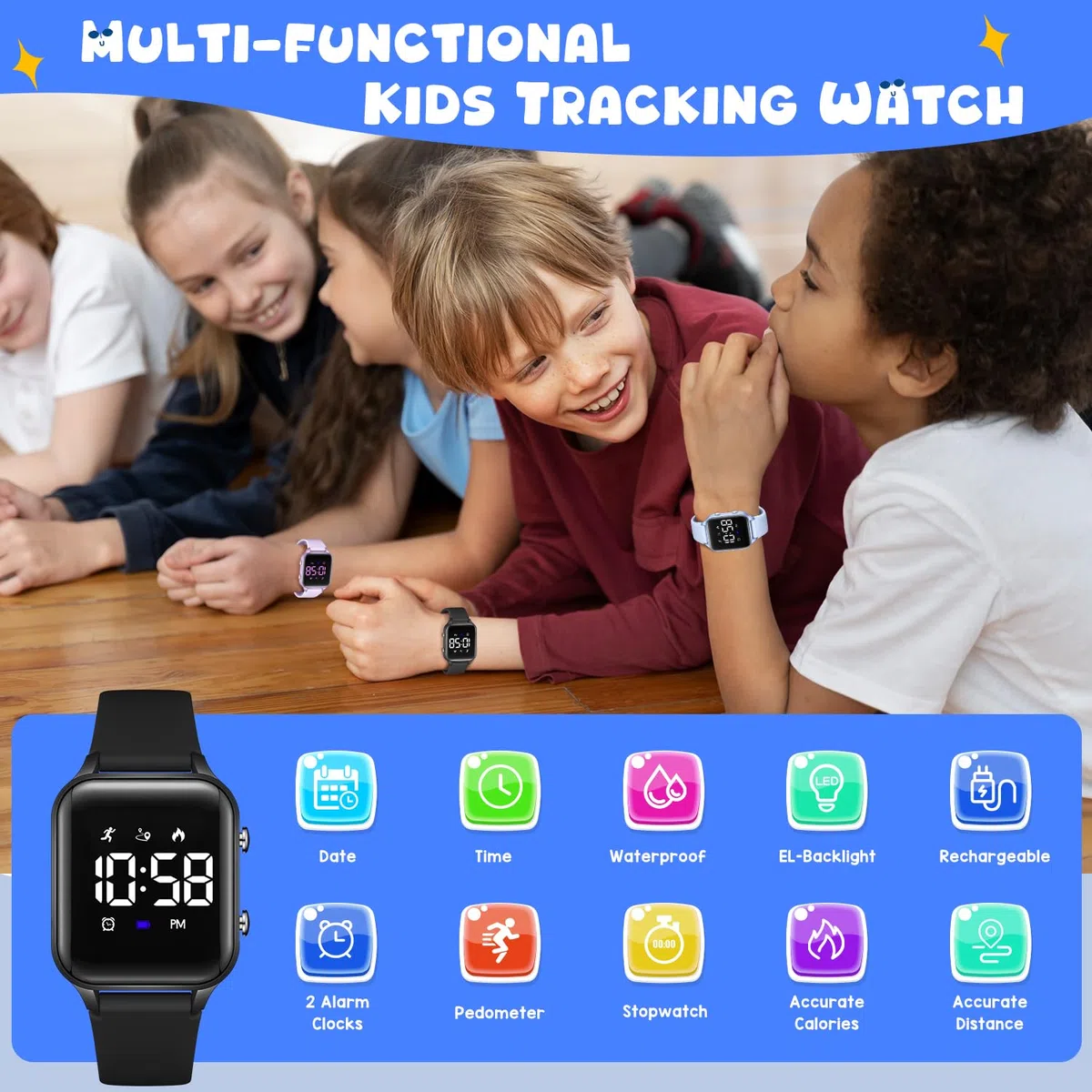 caprock Orologio digitale a LED per bambini, con contapassi, impermeabile fino a 50 atm, con calcolo della distanza/vibrazione, doppia sveglia/cronometro