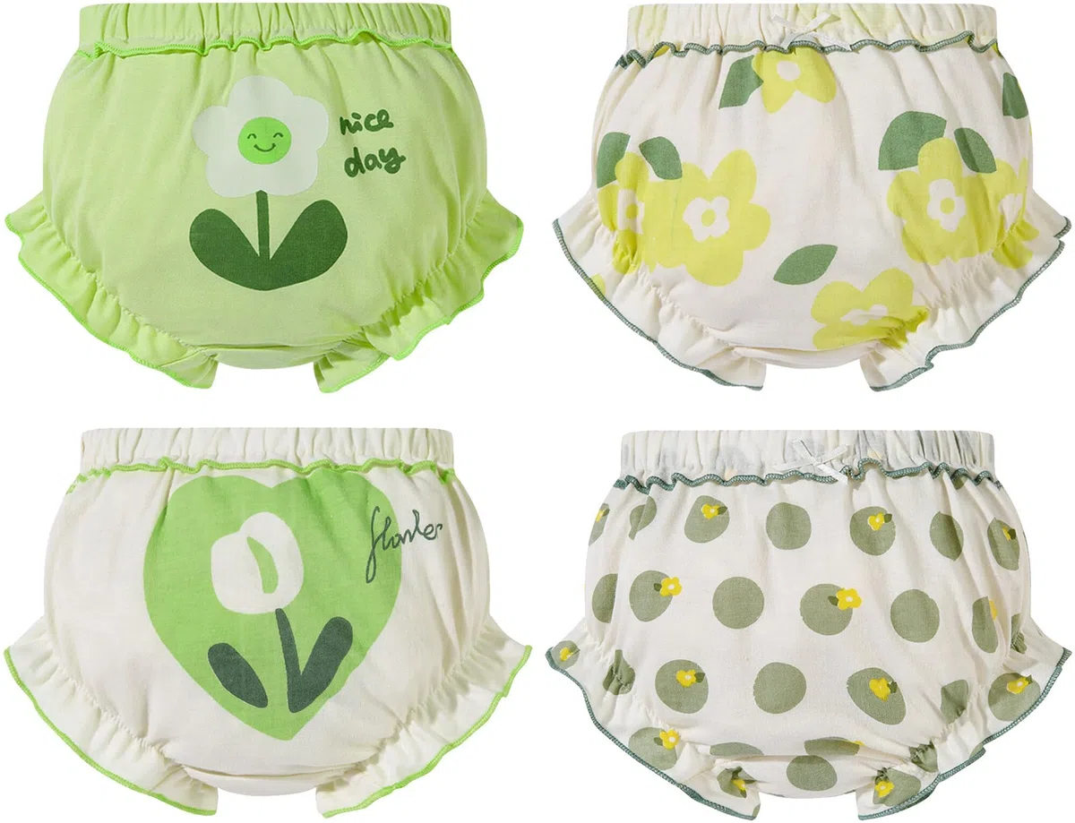 Set di 4 Slip per Bambini, Slip Elastici con Volant Traspiranti, Pantaloncini a Vita Alta per Pannolini, Pantaloncini Bloomer per Bambini, Biancheria Intima Morbida, 6 Mesi-4 Anni