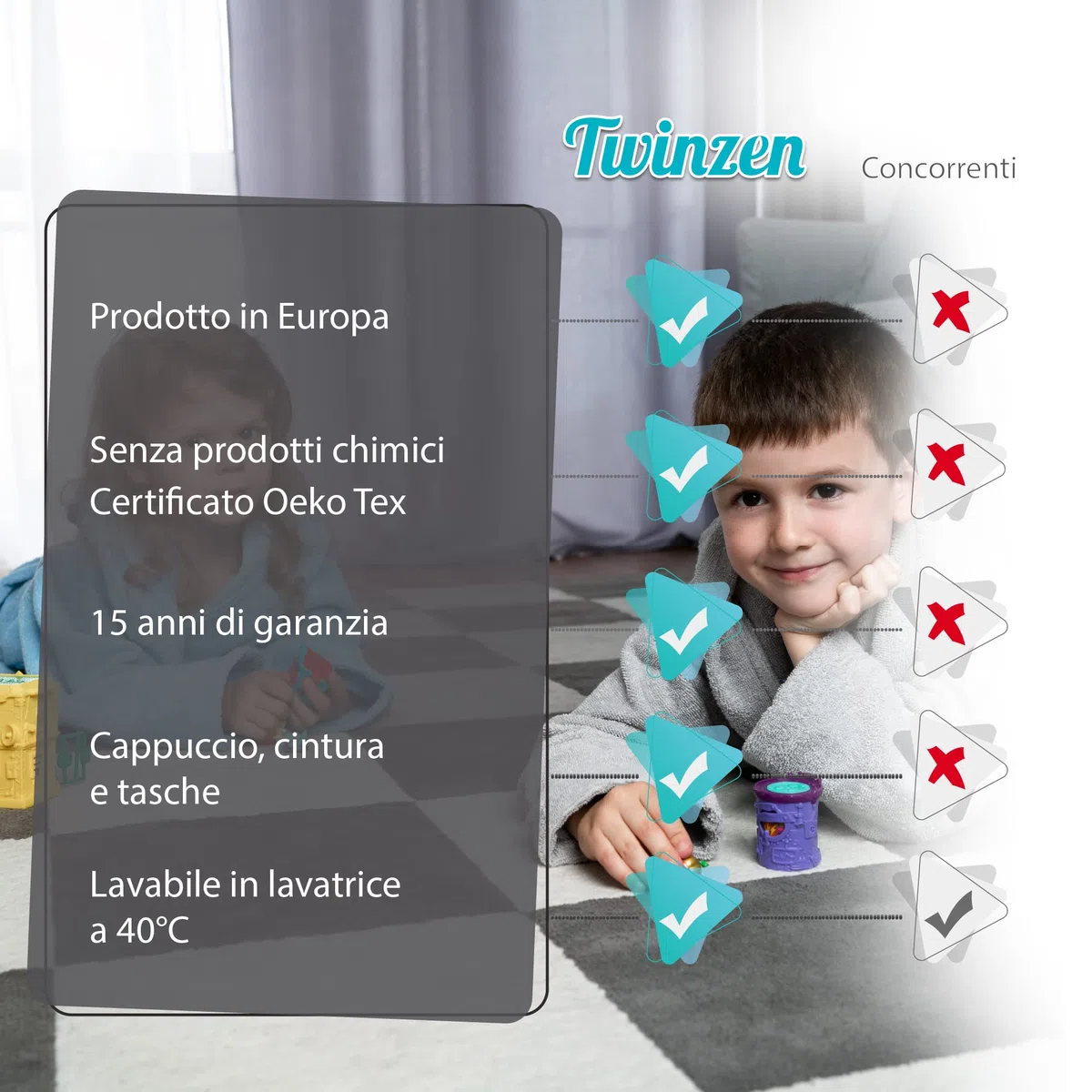 Twinzen - Accappatoio Bambini Cotone : Ragazzo e Ragazza - 100% Cotone OEKO-TEX® Senza Prodotti Chimici - 2 Tasche, Cintura, Cappuccio con Orecchie