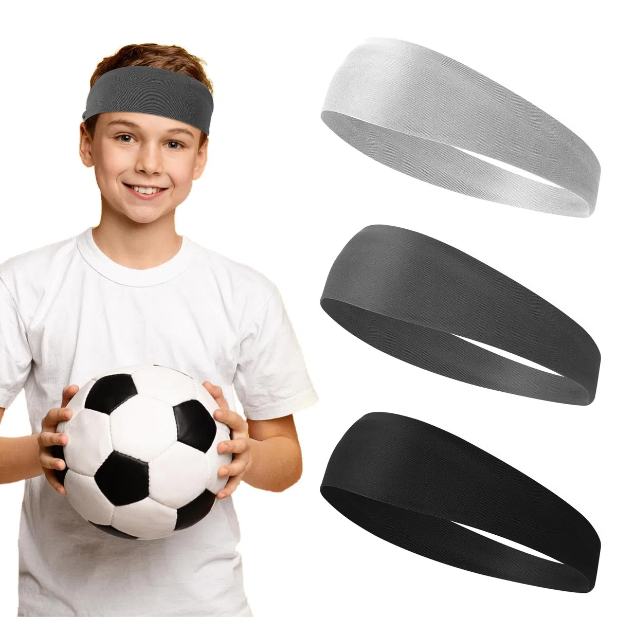 Dimeho 3 fasce per capelli sportive per bambini, per ragazzi e ragazze, elastiche, morbide, traspiranti, assorbono il sudore, per calcio, basket, corsa, tennis