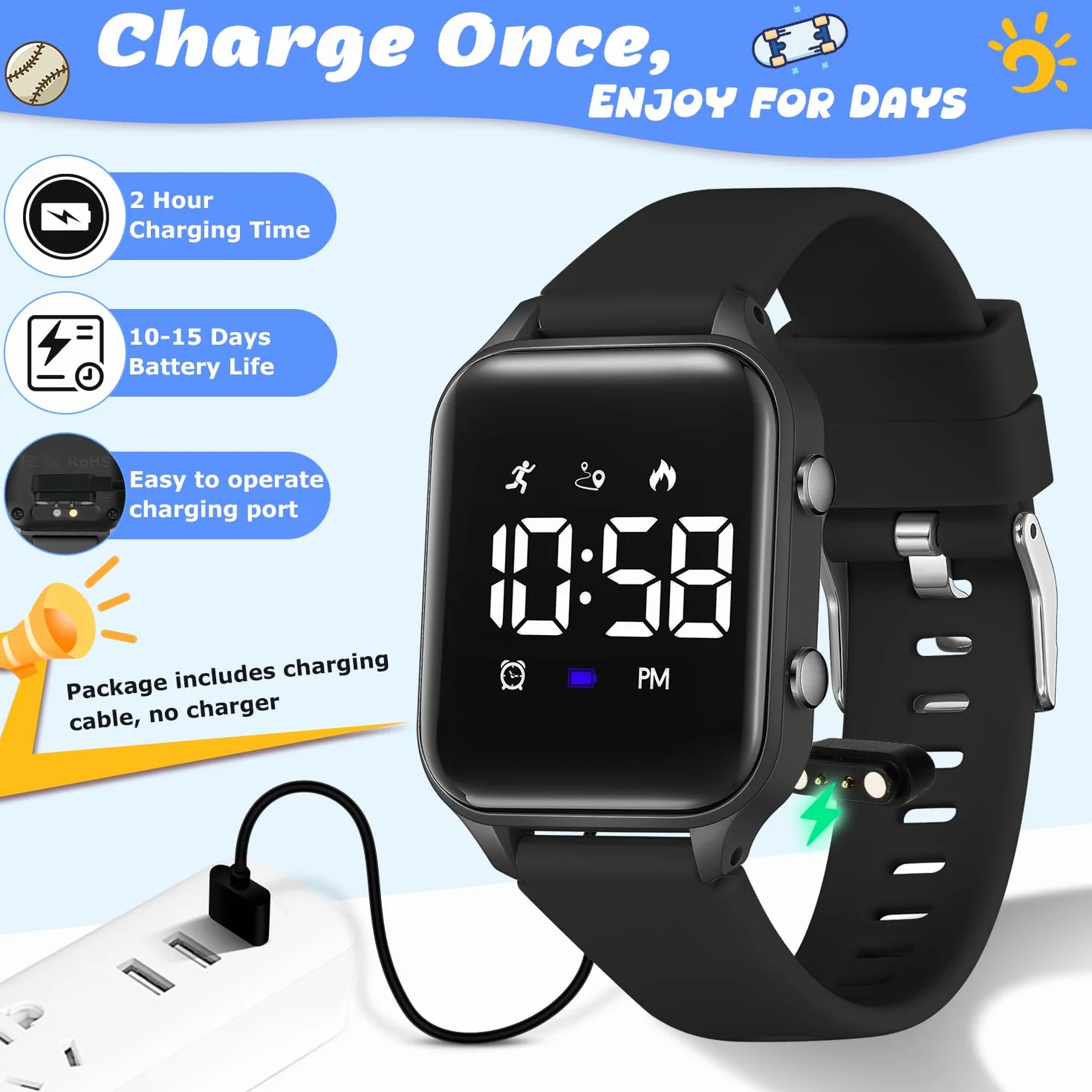 caprock Orologio digitale a LED per bambini, con contapassi, impermeabile fino a 50 atm, con calcolo della distanza/vibrazione, doppia sveglia/cronometro