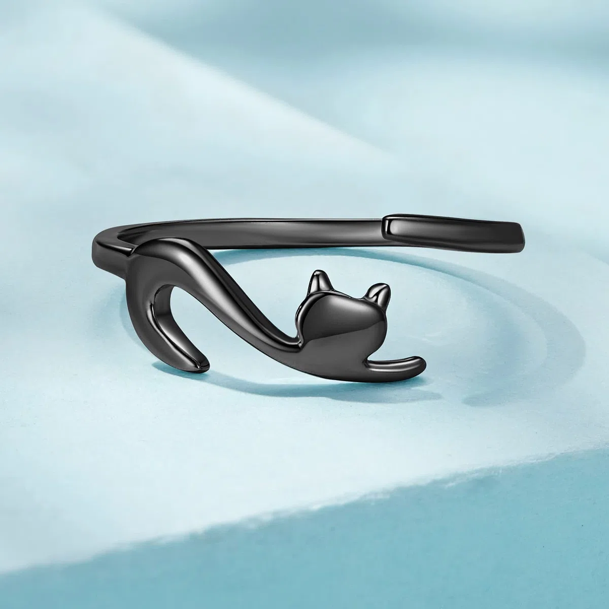 Qings Anelli Donna Anello Gatto, Argento Sterling 925 Anello Regolabile Aperto Nero Gatti Semplice Anelli Animale, Carino Gioielli Regalo di Compleanno per Ragazza e gli Amanti dei Animali