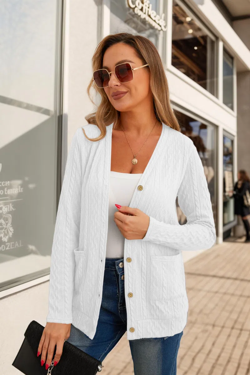 Cardigan Donna Giacca Maglioncino Cotone Donna Leggera Elegante Attorcigliato Casuale Solido Cardigan per l'Autunno con Bottoni, Scollo a V e Pratiche Tasche