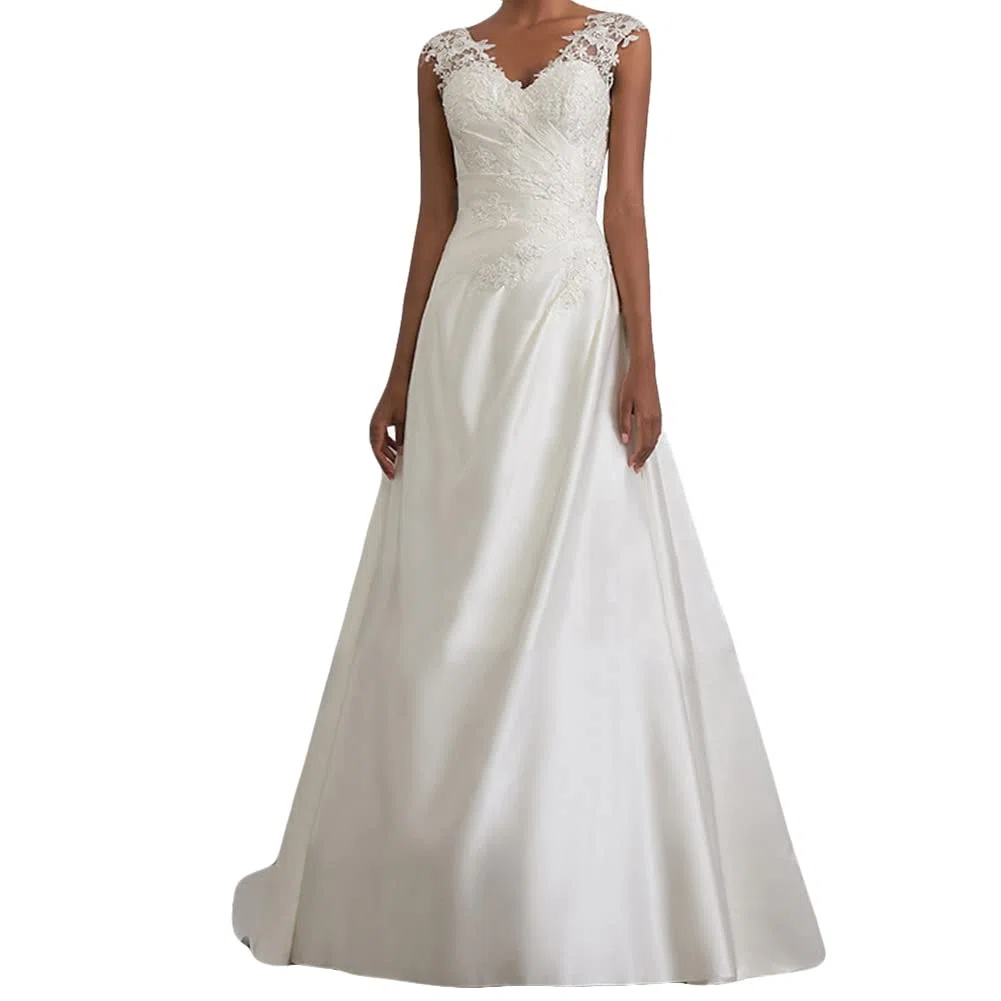 Abiti da Sposa Donna Elegante Senza Maniche Scollo a V in Pizzo Lungo Vestito per Matrimonio