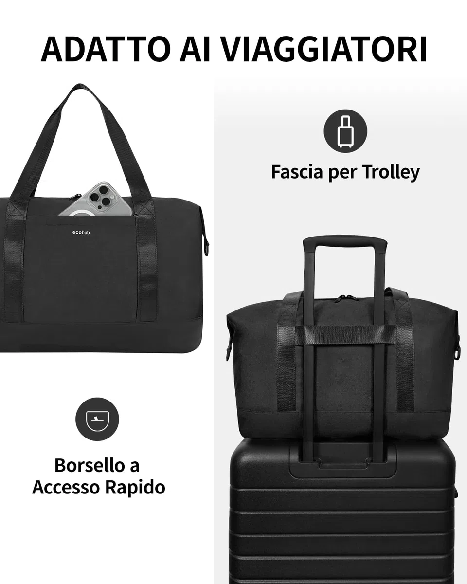 EHOHUB Borsa da Viaggio Pieghevole, Borsone da Viaggio Resistente All'acqua 40x30x20 Per Donna e Uomo, Bagaglio a Mano per Ryanair con Tasca Bagnata per Aereo, Palestra, Weekend, Nero