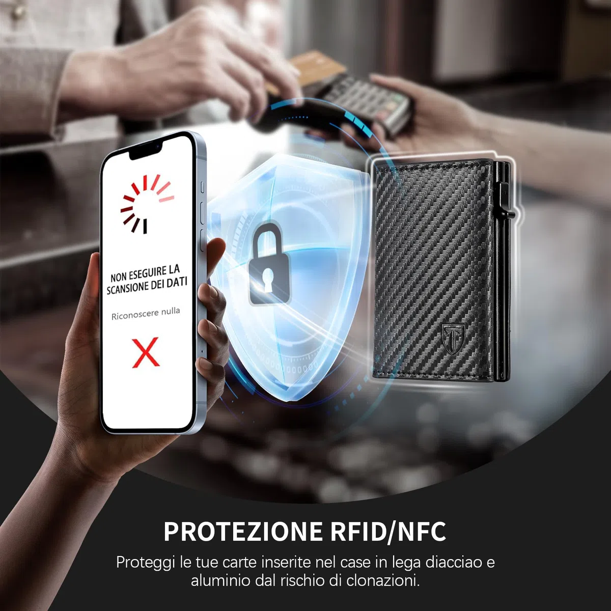 TENBST Portafoglio, Slim Porta Carte di Credito Uomo con RFID Anticlonazione, Portacarte Piccolo Magnetico, Porta Tessere con Portamonete e Contanti, Idea Regalo - Carbon Nero