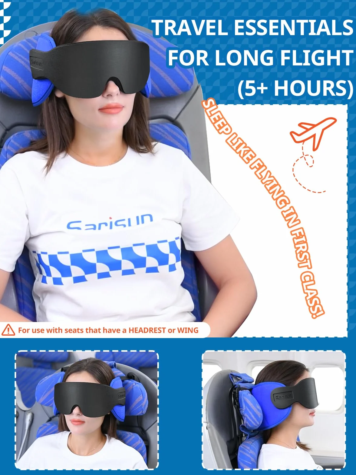SARISUN Cuscino da viaggio, cuscino per aerei per voli lunghi, fascia per la testa per aerei con mascherina per dormire, poggiatesta con supporto a 360°, Stop Bobblehead, nero