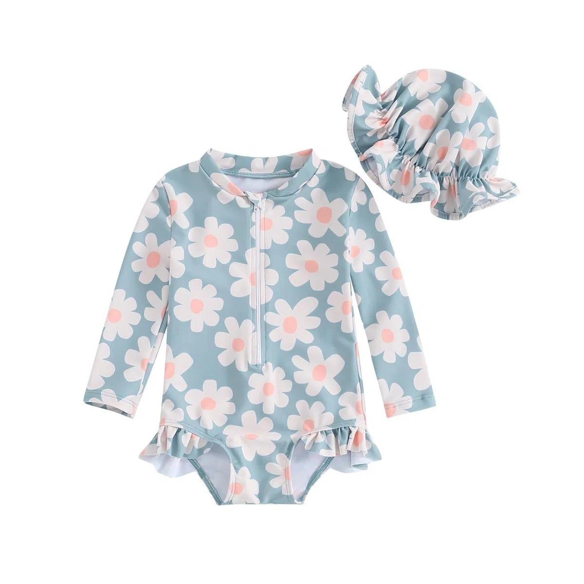DivingBirds Costume da Bagno Bambina e Neonata, Costume Intero a Maniche Lunghe con Protezione Solare UV e Cappellino Abbinato, Costume Mare Bimba 3 Mesi - 4 Anni
