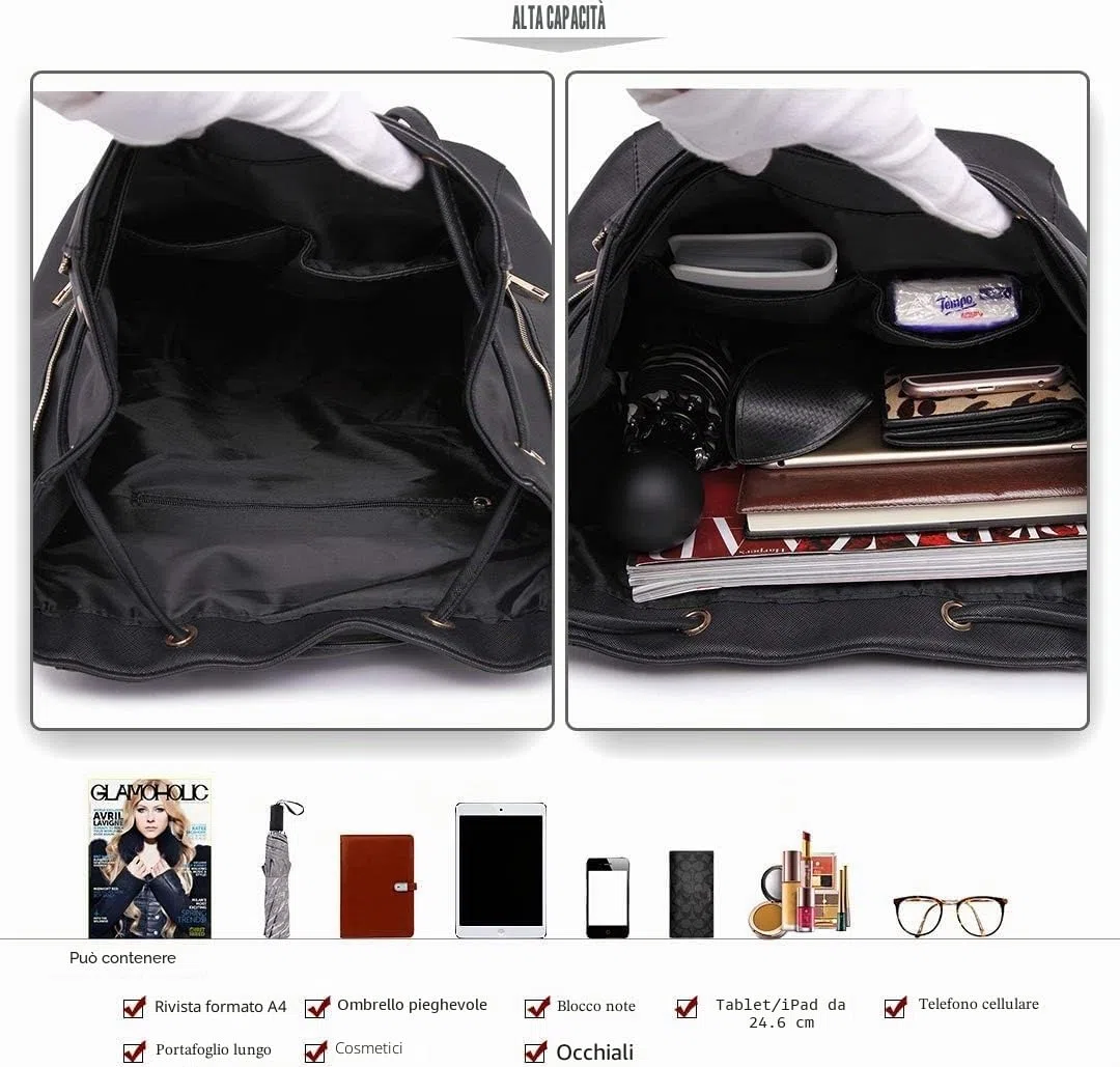 Miss Lulu Zaino Donna, Shell con Coulisse Borsa Zainetto Nero, Zaini Elegante PU Pelle Impermeabile, Medio Antifurto Scuola Lavoro Viaggio Università