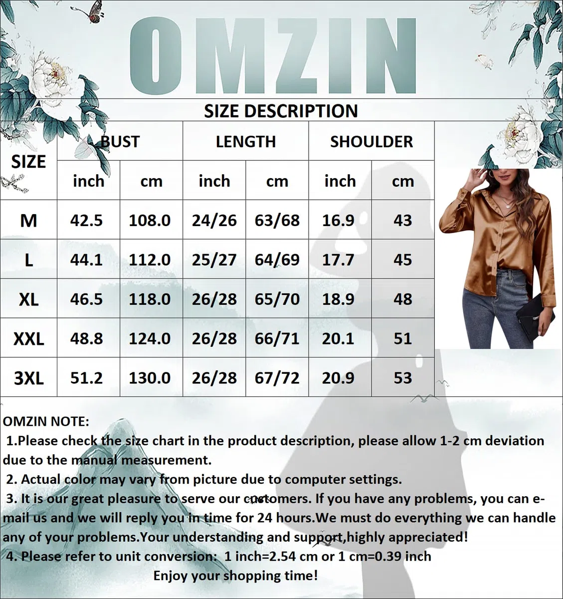 OMZIN Donna Raso Setoso Manica Lunga Camicette Chic Button Down Camicia Formale Lavoro Camicetta