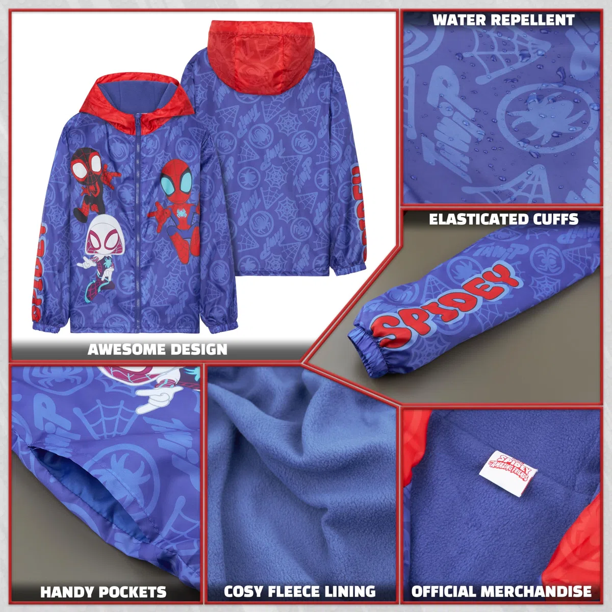 Marvel Spidey Giacca Impermeabile Bambino, Giacca Antipioggia con Cappuccio e Fodera in Pile, Idea Regalo per Ragazzi