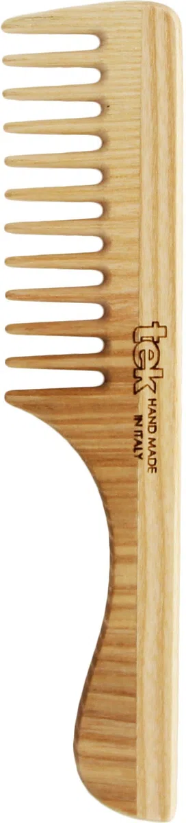 TEK - Pettine a Denti Radi con Manico in Legno di Frassino, Handmade in Italy, per Capelli Normali, Ricci o Mossi, Districante
