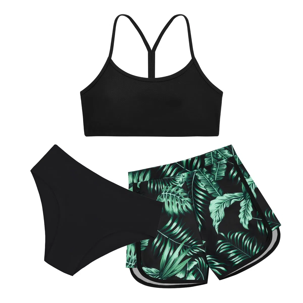 Costume da bagno da bambina in 3 pezzi, tinta unita, con pantaloncini sportivi stampati, costume da bagno per ragazze adolescenti 9-16 anni