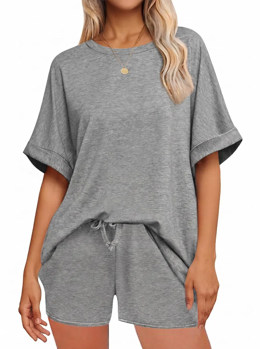 Tankaneo Set da donna in due pezzi, oversize, a maniche corte e pantaloncini, con coulisse, estivo, in 2 pezzi