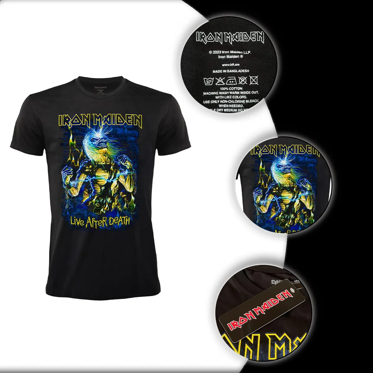 T-Shirt Iron Maiden Live After Death. Maglietta Rock Ufficiale Nera. Band Heavy Metal. Cotone. Unisex. Adulto Ragazzo.