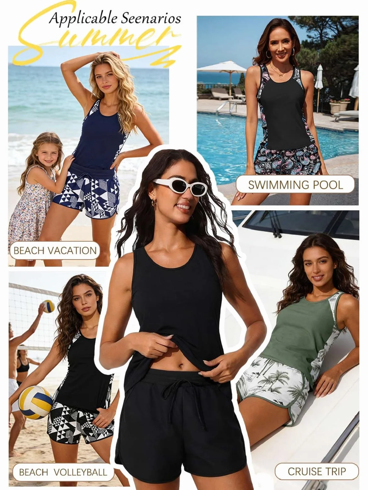 Yutdeng Tankini Donna Mare Costume da Bagno Due Pezzi Modest Tankini Set Canotta Top Bikini Push Up e Pantaloncini da Bagno con Tasche Costumi da Bagno Sportivi Swimwear da Spiaggia