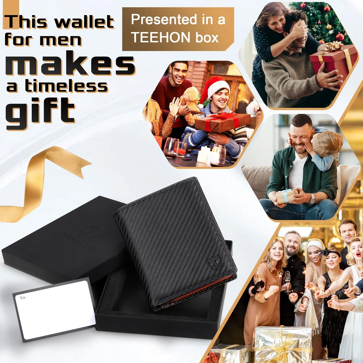 TEEHON Classico Portafoglio Uomo in Vera Pelle Portamonete con Blocco RFID/NFC 13 Porta Carta Credito, 2 Scomparto per banconote, Tasca per Monete con Scatola Regalo- Nero