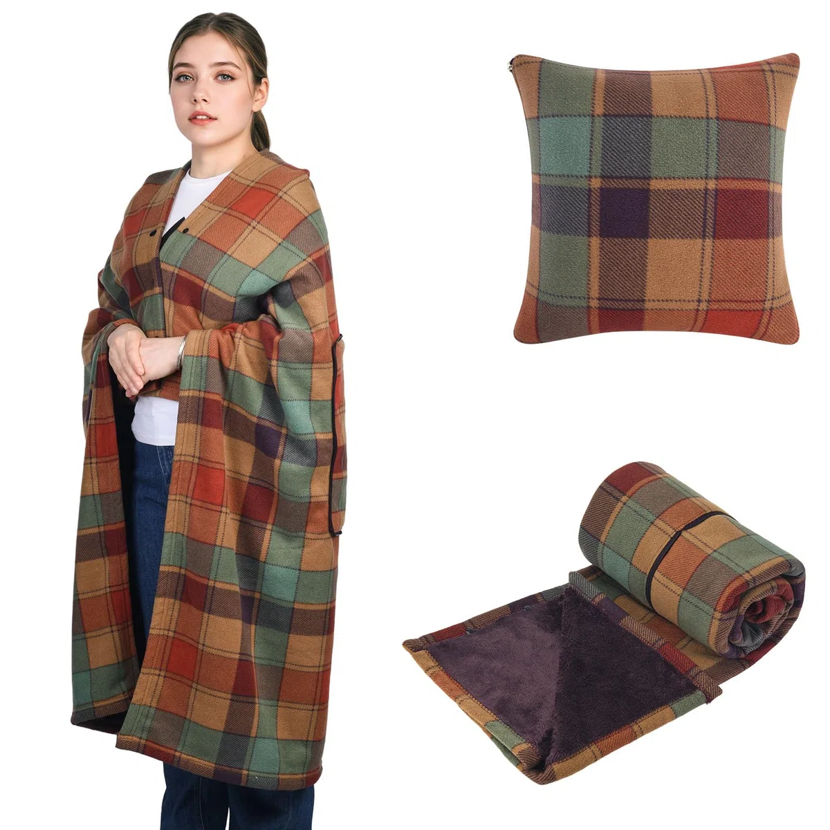 Coperta portatile, cuscino compatto 2 in 1, coperta da donna in pile con bottone, copriletto a quadri, cuscino per letto, divano, ufficio