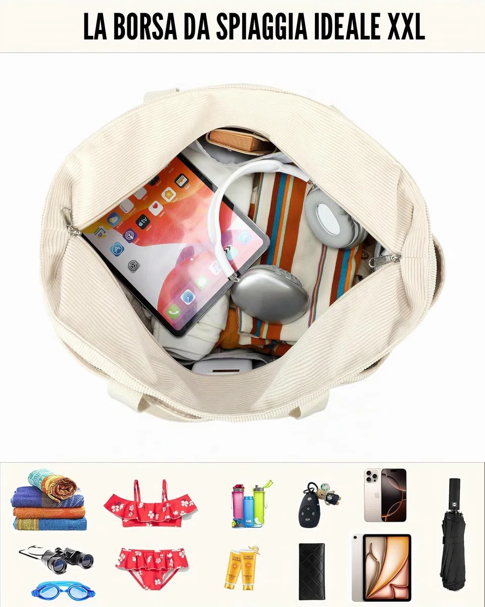 Makukke Borsa Da Spiaggia XXL, Beach Bag Grande con Scomparto, Weekender da Donna Pieghevole e Ultraleggera con Cerniera per Viaggi Vacanze Palestra (Grigio-Velluto a Coste)