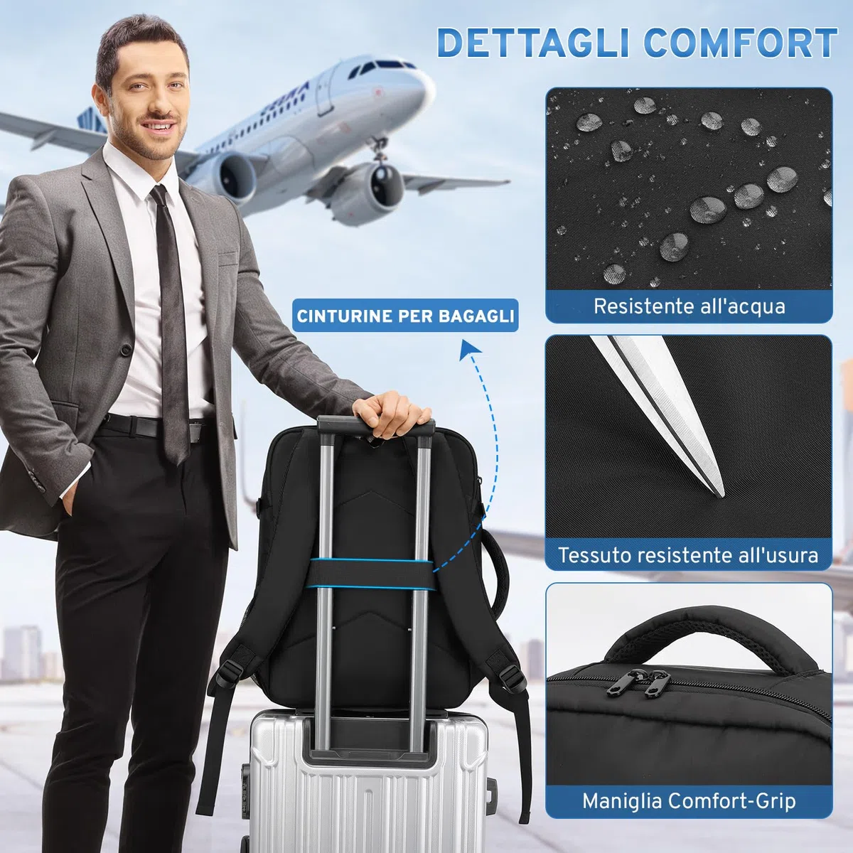 ZOMFELT Zaino Ryanair 40x30x20, 24L Bagaglio a Mano 40x30x20 Aereo, Zaino da Viaggio Porta Computer 15.6 Pollici, Zaino Antipioggia Compatto per Ryanair, Wizz Air, EasyJet, Nero