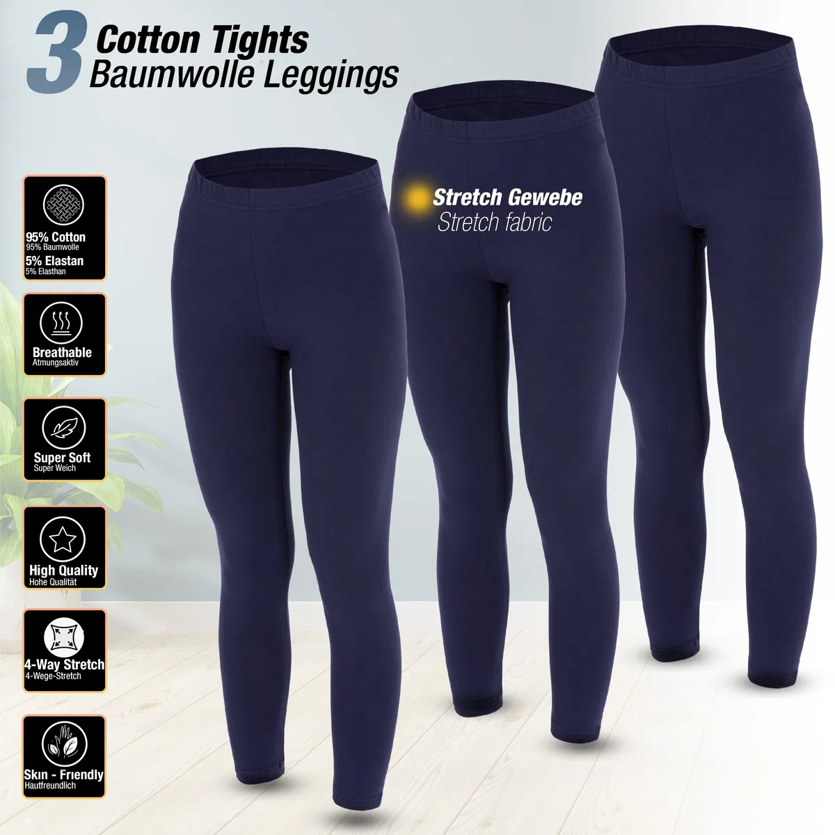 LOREZA® Set di 3 di Leggings per Bambina Pantaloni Lunghi in Cotone Opaco per Il Tempo Libero Elasticizzati per Tutti i Giorni